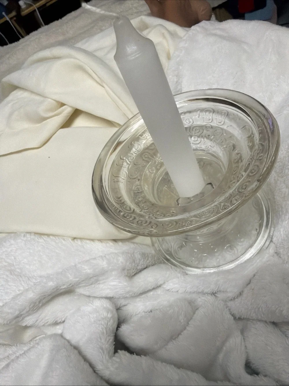 Clear Glass Pillar Candle Holder with White Taper Candle Vtg swirl